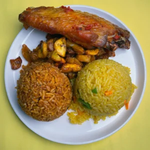Jollof, fried Rice, Plantain & Turkey